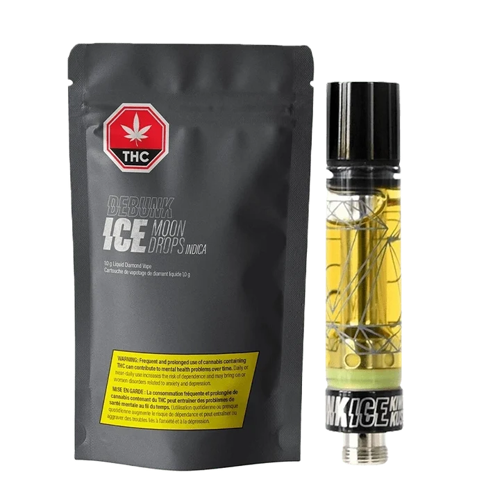 Front view of the Moon Drops Liquid Diamonds Vape Cartridge with bold branding against a dark background.