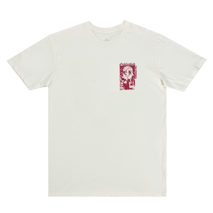 Front view of a natural cotton-colored t-shirt with an abstract red Oaklandish California 510 graphic on left chest wearside.