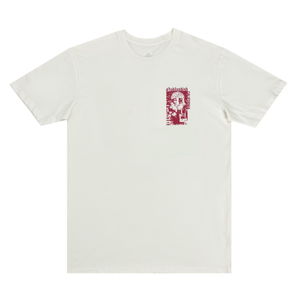 Front view of a natural cotton-colored t-shirt with an abstract red Oaklandish California 510 graphic on left chest wearside.