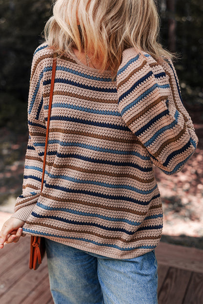 Multicolour Striped Knitted Drop Shoulder Round Neck Sweater