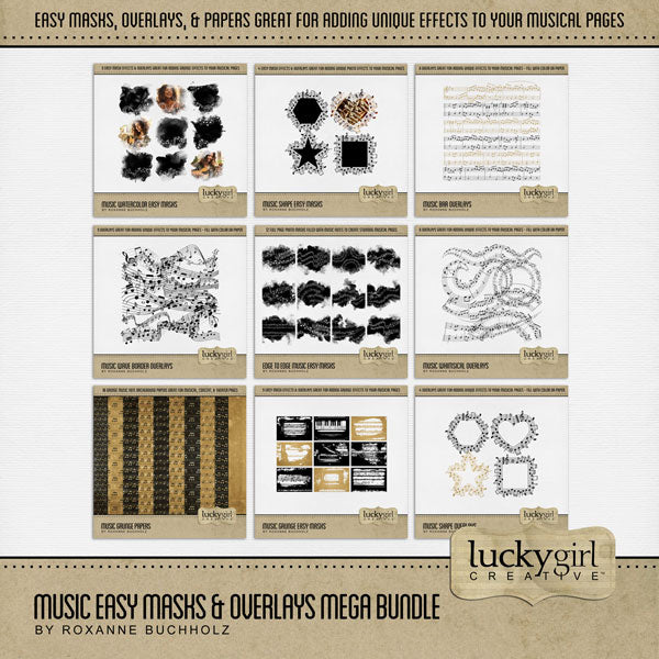 These beautiful musical digital photo masks and overlays by Lucky Girl Creative digital art for digital scrapbooking can be filled with paper or photos, colorized, or used as Blend effects. In Photoshop, drop the photo mask on your page, overlay with your favorite photo, and create a clipping path for a stunning result. The embellishments included in this digital scrapbooking bundle are great for music class, musicians, plays, concerts, and more.