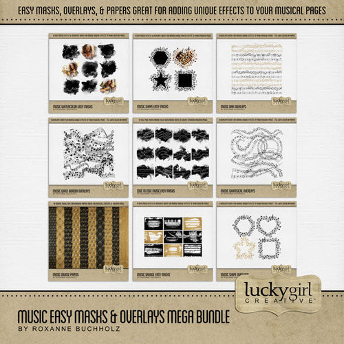 These beautiful musical digital photo masks and overlays by Lucky Girl Creative digital art for digital scrapbooking can be filled with paper or photos, colorized, or used as Blend effects. In Photoshop, drop the photo mask on your page, overlay with your favorite photo, and create a clipping path for a stunning result. The embellishments included in this digital scrapbooking bundle are great for music class, musicians, plays, concerts, and more.