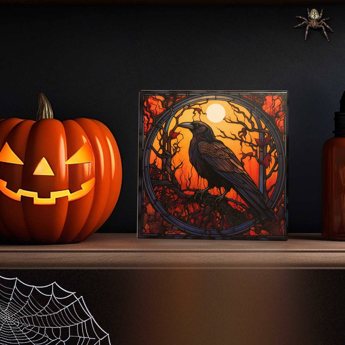 Mystic Twilight - Raven Stained Glass Art Tile for Enigmatic and Bold Home Decor