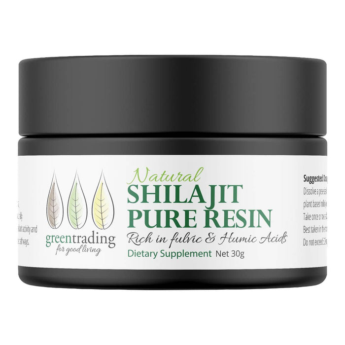 Jar of Shilajit Pure Resin with black lid and white label on a white background