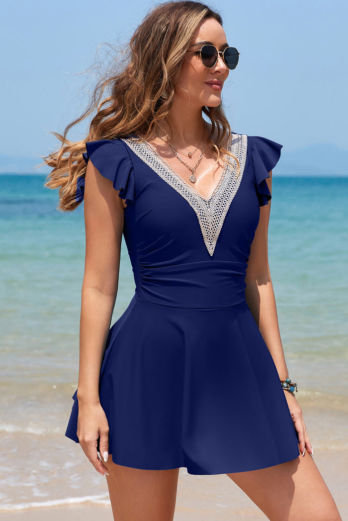 Navy Blue Ruffled Short Sleeve Lace Trim V Neck One Piece Swim Dress 🇺🇸