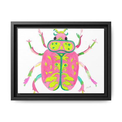 Neon Beetle Framed Canvas Print — Vibrant Pink & Lime Bug Wall Art - By Olive Highfield