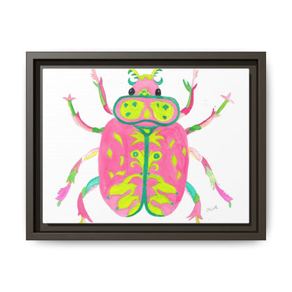 Neon Beetle Framed Canvas Print — Vibrant Pink & Lime Bug Wall Art - By Olive Highfield
