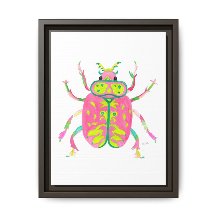 Neon Beetle Framed Canvas Print — Vibrant Pink & Lime Bug Wall Art - By Olive Highfield