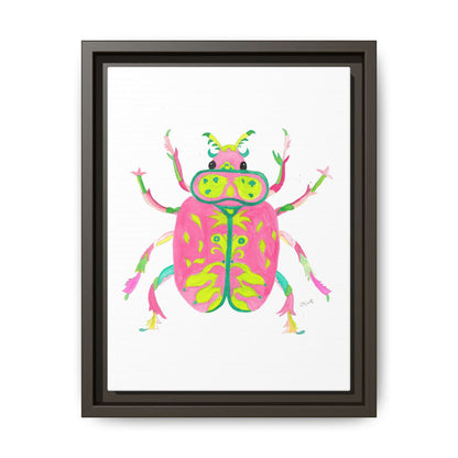 Neon Beetle Framed Canvas Print — Vibrant Pink & Lime Bug Wall Art - By Olive Highfield