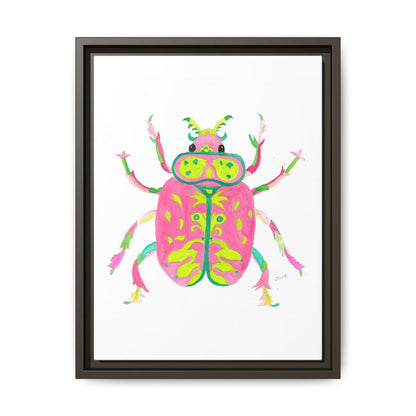 Neon Beetle Framed Canvas Print — Vibrant Pink & Lime Bug Wall Art - By Olive Highfield