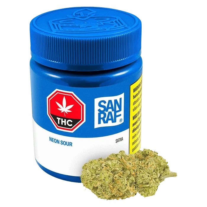 Angled front view of a blue San Rafael Neon Sour jar with THC label and two green buds placed at its base.