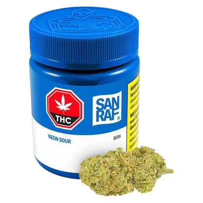 Angled front view of a blue San Rafael Neon Sour jar with THC label and two green buds placed at its base.