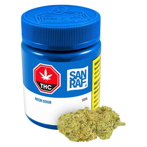 Angled front view of a blue San Rafael Neon Sour jar with THC label and two green buds placed at its base.