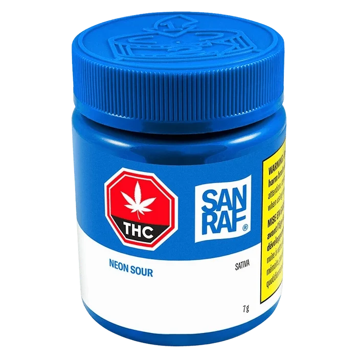 Close-up front view of the blue Neon Sour jar labeled "SAN RAF Neon Sour," showing the threaded lid, THC emblem, and white product label.