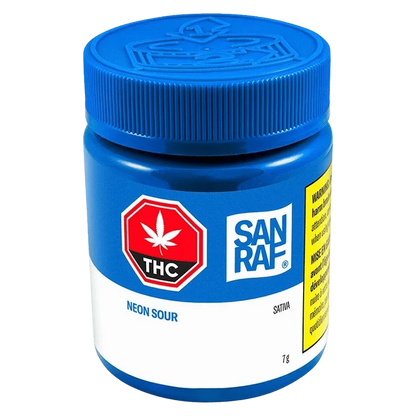 Close-up front view of the blue Neon Sour jar labeled "SAN RAF Neon Sour," showing the threaded lid, THC emblem, and white product label.