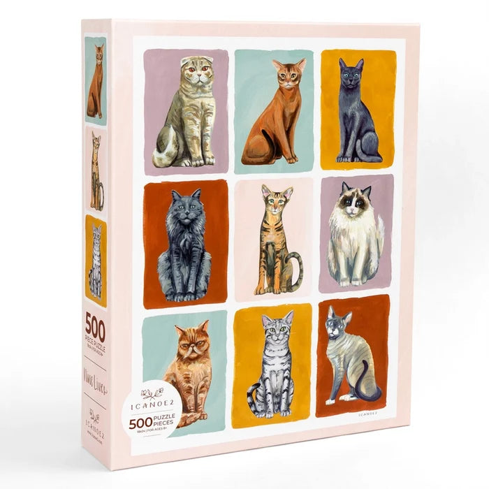 The Nine Lives Feline Friends Cats Grid 500 Piece Jigsaw Puzzle by 1canoe2 features illustrated portraits of nine different cats, each set in its own rectangle against a colorful background—an ideal gift for cat lovers of all ages.