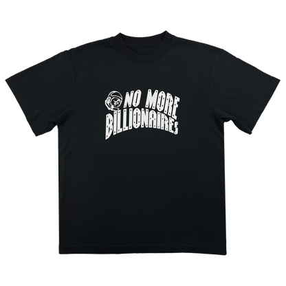 The BOSK No Billionaires Tee is a black classic fit t-shirt made from 100% cotton, featuring "No More Billionaires" in white with a beanie-wearing, glasses-clad figure graphic, all on a transparent background for versatile layering.