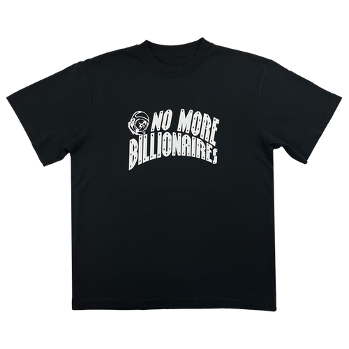 The BOSK No Billionaires Tee is a black classic fit t-shirt made from 100% cotton, featuring "No More Billionaires" in white with a beanie-wearing, glasses-clad figure graphic, all on a transparent background for versatile layering.