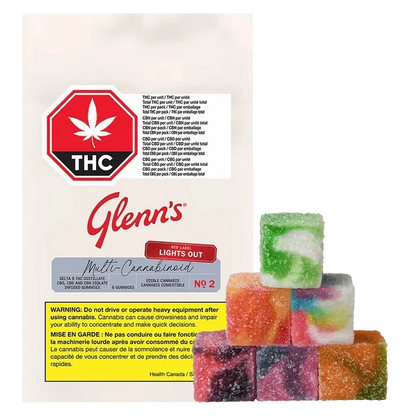Pack front view of Glenn's No.2 Red Label Multi-Cannabinoid Lights Out showing branded packaging beside a stacked pile of sugar-coated colorful gummy cubes.