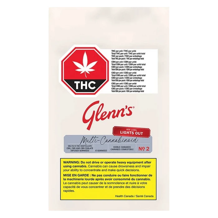 Centered frontal view of the Glenn's No.2 Red Label Multi-Cannabinoid Lights Out package showing a red THC octagon, script logo, and yellow warning panel.