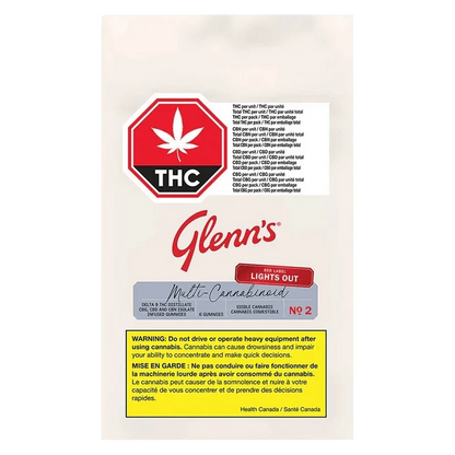 Centered frontal view of the Glenn's No.2 Red Label Multi-Cannabinoid Lights Out package showing a red THC octagon, script logo, and yellow warning panel.