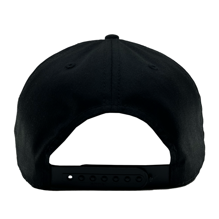 An OAC Logo 5 Panel snapback cap by OAC, shown from the back against a plain white background. The black cap displays an adjustable plastic snap closure, a curved opening above the closure, and visible stitching along the seams. It features an embroidered Oakland Athletic Club logo.