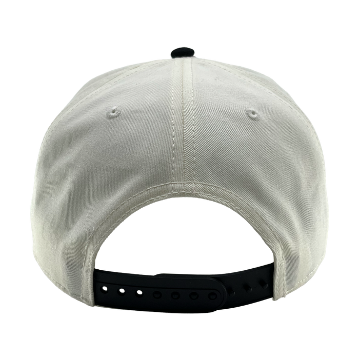 An OAC Logo 5 Panel cap in white, viewed from the back, features a black adjustable snap closure. The plain fabric includes stitched eyelets and a central seam for added detail. This snapback cap has an embroidered OAC logo, set against a clean white background.