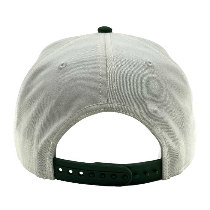 A back view of the OAC Logo 5 Panel by OAC shows a white snapback cap with a green adjustable strap and two embroidered eyelets. The cap is plain with no visible logos or designs, reflecting the understated style of the Oakland Athletic Club.
