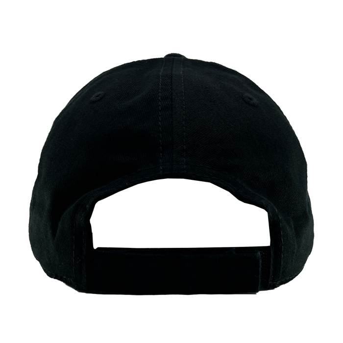 The OAC Logo Dad Hat by OAC is shown from the back against a plain white background, highlighting its black color, stitched panels, adjustable strap with hook-and-loop closure, and curved opening above the strap. The design is inspired by the Oakland Athletic Club.