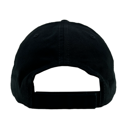 The OAC Logo Dad Hat by OAC is shown from the back against a plain white background, highlighting its black color, stitched panels, adjustable strap with hook-and-loop closure, and curved opening above the strap. The design is inspired by the Oakland Athletic Club.