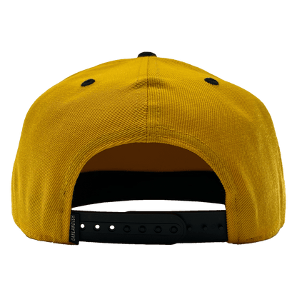 Back view of a yellow hat with black adjustable snapback closure with small Oakladish wordmark tag.