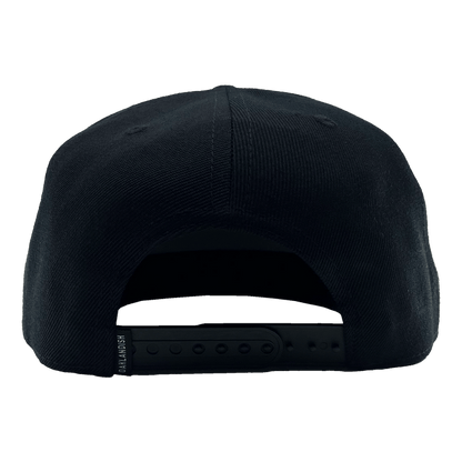 Back view of a black hat with black adjustable snapback closure with small Oakladish wordmark tag.
