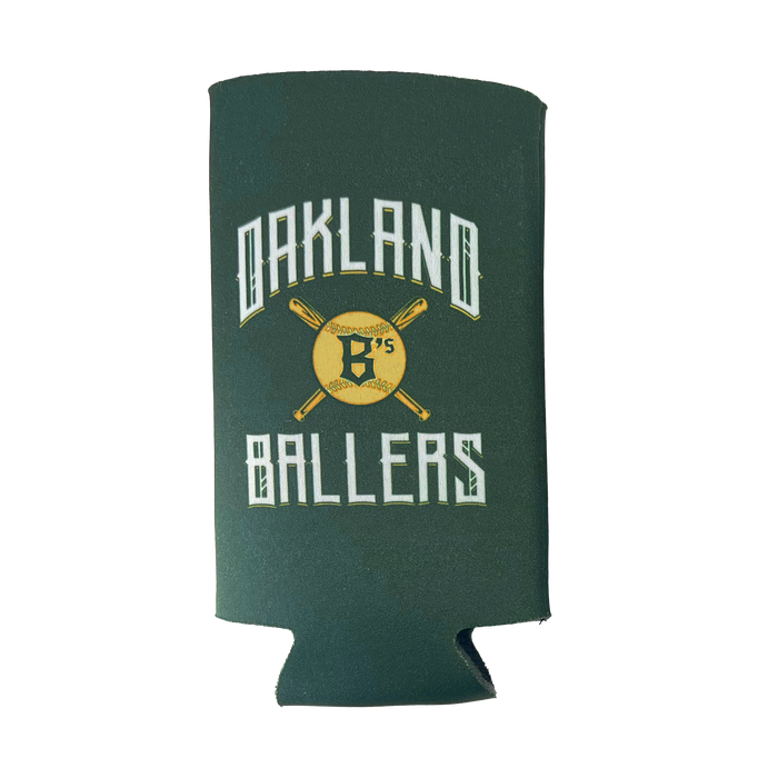 Introducing the Oakland Ballers 24oz Can Cooler: This green cooler features the text "Oakland Ballers" in a white, stylized font. The design showcases two crossed baseball bats and a yellow baseball with the letter "B's" in black at the center, celebrating Oakland’s new pro baseball team from the Pioneer League. It comes with a flat base and has a subtle cutout at the bottom for added convenience.