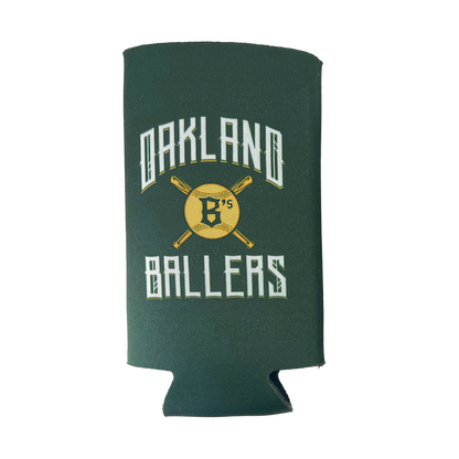 Introducing the Oakland Ballers 24oz Can Cooler: This green cooler features the text "Oakland Ballers" in a white, stylized font. The design showcases two crossed baseball bats and a yellow baseball with the letter "B's" in black at the center, celebrating Oakland’s new pro baseball team from the Pioneer League. It comes with a flat base and has a subtle cutout at the bottom for added convenience.