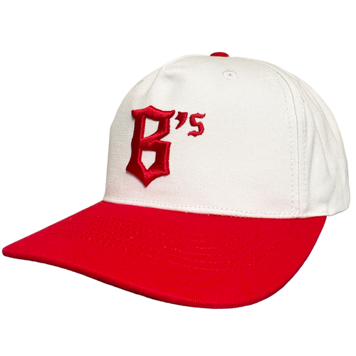 The Oakland Ballers 5 Panel Cap by Oakland Ballers features a white snapback design, red brim, and bold red embroidered "B's" on the front—perfect for any fan. The cap is displayed angled against a plain white background.