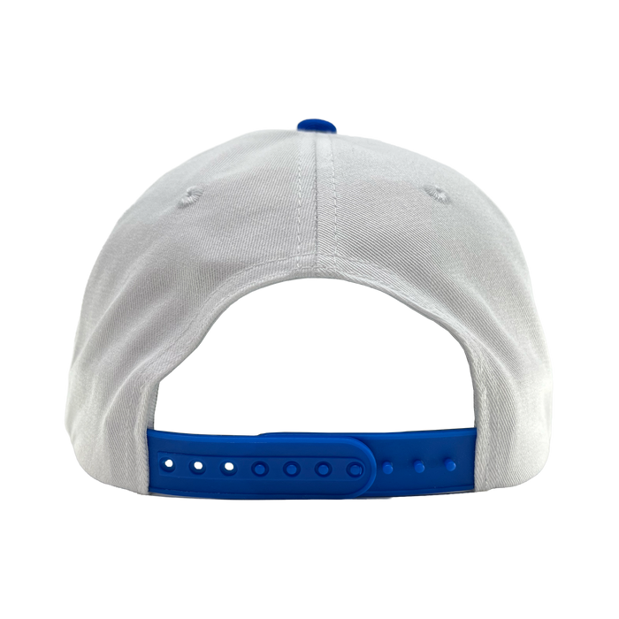 A white Oakland Ballers 5 Panel Cap is shown from the back, featuring a blue adjustable snapback closure with several holes and a plastic strap. The plain white background highlights the cap’s visible stitching and two small ventilation holes on each side, making it a stylish accessory for any Oakland Ballers fan.