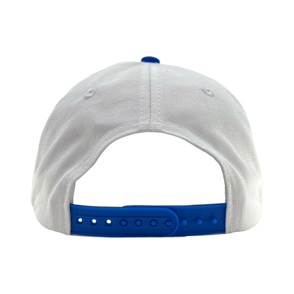 A white Oakland Ballers 5 Panel Cap is shown from the back, featuring a blue adjustable snapback closure with several holes and a plastic strap. The plain white background highlights the cap’s visible stitching and two small ventilation holes on each side, making it a stylish accessory for any Oakland Ballers fan.