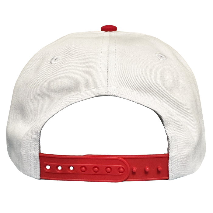 The Oakland Ballers 5 Panel Cap, by Oakland Ballers, is a white snapback viewed from the back with a red adjustable strap, red top button, two small ventilation holes, and set against a plain white background.