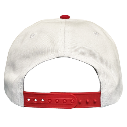 The Oakland Ballers 5 Panel Cap, by Oakland Ballers, is a white snapback viewed from the back with a red adjustable strap, red top button, two small ventilation holes, and set against a plain white background.