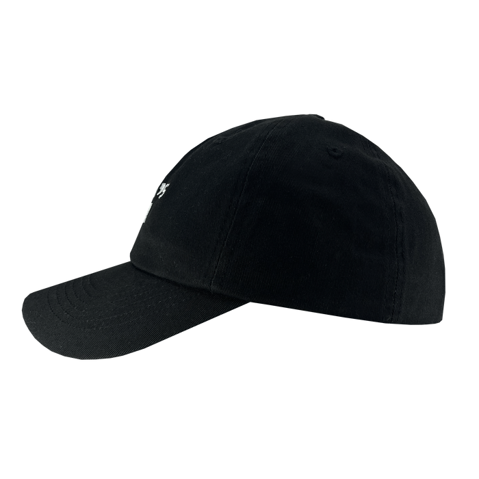 The Oakland Ballers Dad Hat, shown from the side, is black with a curved brim and visible stitching. The front panel features a small white embroidered Oakland Ballers logo. The cap has six-panel construction and includes a button on top.