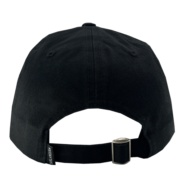 Here's a possible rewrite using the given product data:

A rear view of the Oakland Ballers Dad Hat shows a black baseball cap featuring a fabric strap and a silver-colored metal buckle for adjustment. The bottom left side of the strap showcases a small, black woven label with white text reading "Oakland Ballers." The cap boasts a smooth texture and visible stitching details.