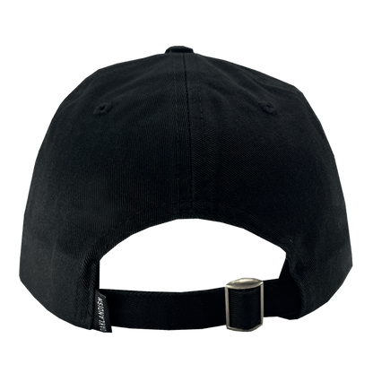 Here's a possible rewrite using the given product data:

A rear view of the Oakland Ballers Dad Hat shows a black baseball cap featuring a fabric strap and a silver-colored metal buckle for adjustment. The bottom left side of the strap showcases a small, black woven label with white text reading "Oakland Ballers." The cap boasts a smooth texture and visible stitching details.