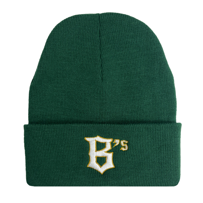 The Oakland Ballers Logo Beanie features a ribbed, green knit with a turned-up cuff. The cuff showcases an embroidered "B's" design in white and gold lettering, reminiscent of the Oakland Ballers' style. The fabric is textured for warmth and comfort, while the plain background accentuates this professional baseball team-inspired hat.