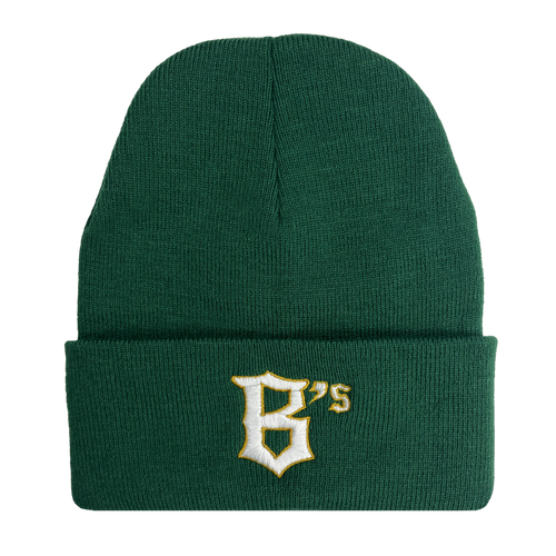The Oakland Ballers Logo Beanie features a ribbed, green knit with a turned-up cuff. The cuff showcases an embroidered "B's" design in white and gold lettering, reminiscent of the Oakland Ballers' style. The fabric is textured for warmth and comfort, while the plain background accentuates this professional baseball team-inspired hat.