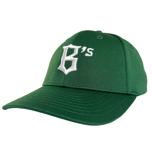 The Oakland Ballers Logo Flexfit Hat, by Oakland Ballers, is a green cap with a curved brim and a bold white embroidered "B's" in old English font on the front—perfect for Pioneer League’s newest team fans. Plain white background.