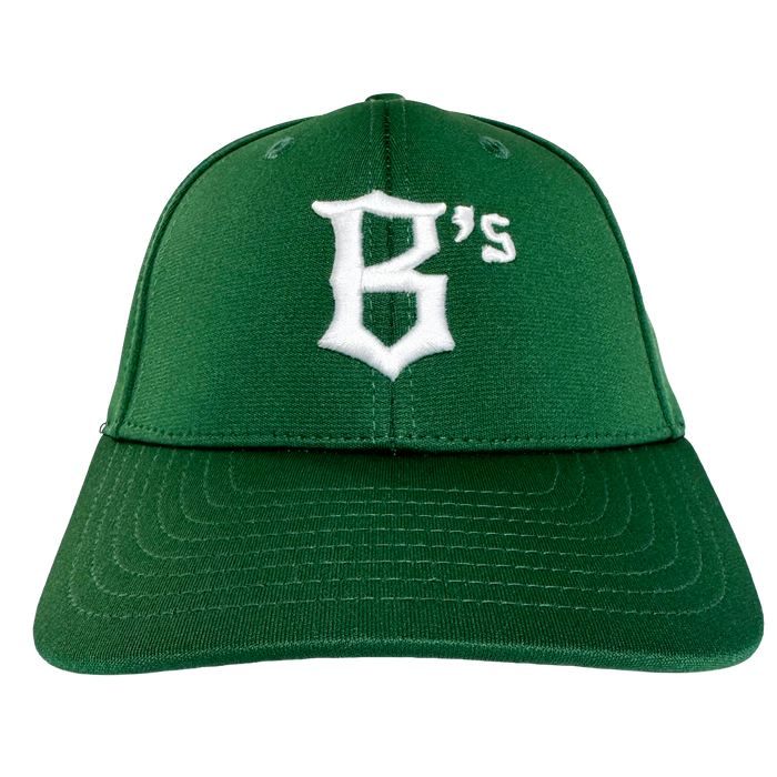 The Oakland Ballers Logo Flexfit Hat features a green design, curved brim, and bold white embroidered "B’s" on the front, representing the Oakland Ballers Pioneer League team. Shown on a plain white background to highlight its vibrant color.