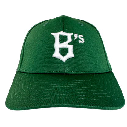 The Oakland Ballers Logo Flexfit Hat features a green design, curved brim, and bold white embroidered "B’s" on the front, representing the Oakland Ballers Pioneer League team. Shown on a plain white background to highlight its vibrant color.
