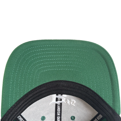 Close-up, top-down view of the Oakland Ballers Logo Flexfit Hat. The green flat brim shows stitched lines underneath, and inside are black and white labels with seams. The background is white. Brand: Oakland Ballers.