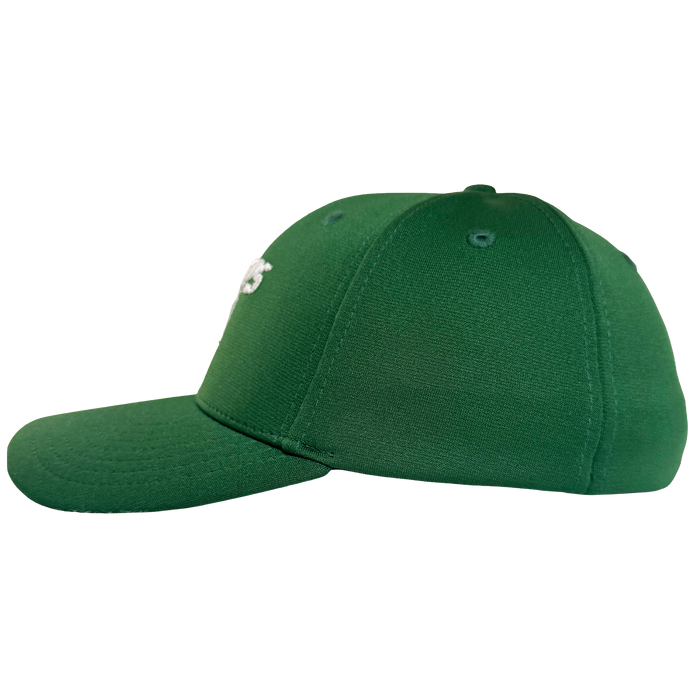 The Oakland Ballers Logo Flexfit Hat by Oakland Ballers is a green baseball cap with a curved brim, visible seams, top button, and embroidered eyelets. Shown from the side, it features no visible logos or designs.
