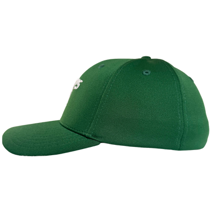 The Oakland Ballers Logo Flexfit Hat by Oakland Ballers is a green baseball cap with a curved brim, visible seams, top button, and embroidered eyelets. Shown from the side, it features no visible logos or designs.